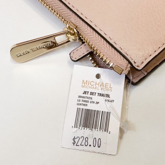 Michael Kors Jet Set Travel LG Three Quarter Zip Wallet Pebbled Leather Ballet - Picture 11 of 11